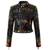 Women's Punk Multicolor Printed Outfit, Personalized Spikes Studs Cow Leather, Motorbike Bachelor's Jacket, Party Wear Gothic Clothing,
